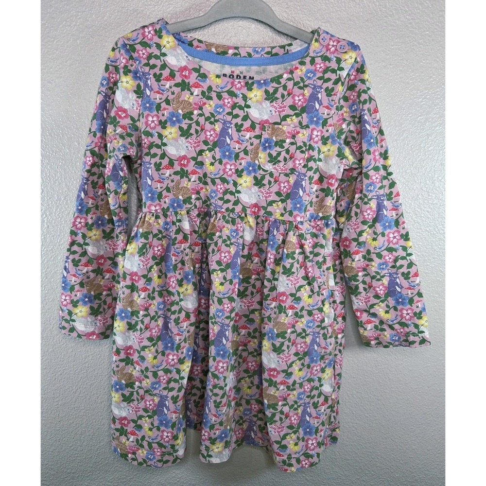 Mini Boden Floral Bunny Dress 3-4Y Pink Long Sleeve Pocket Easter Spring